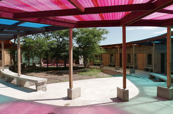 School roof collecting rainwater